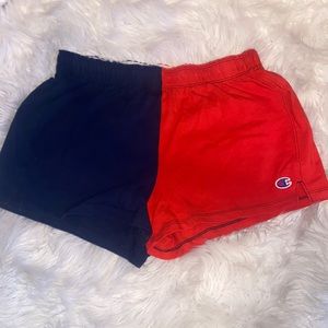 Champion half red, half blue shorts